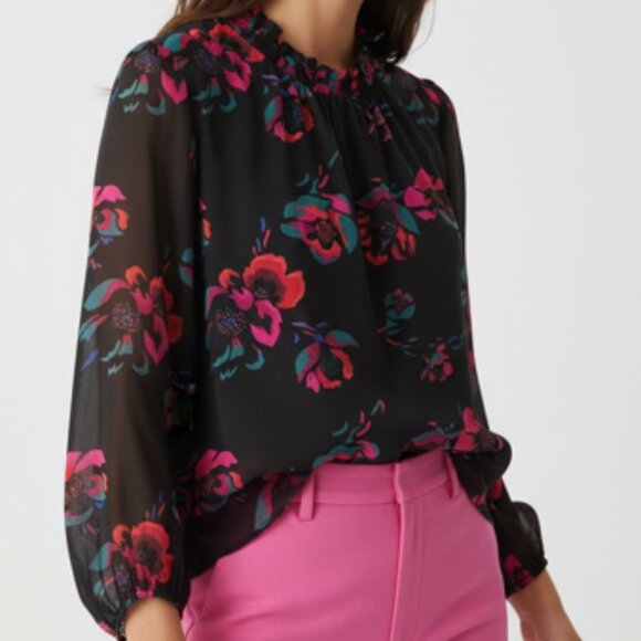 J.Crew Mock Neck Chic Floral Blouse Black, Pink Red – Size XL - Picture 1 of 6